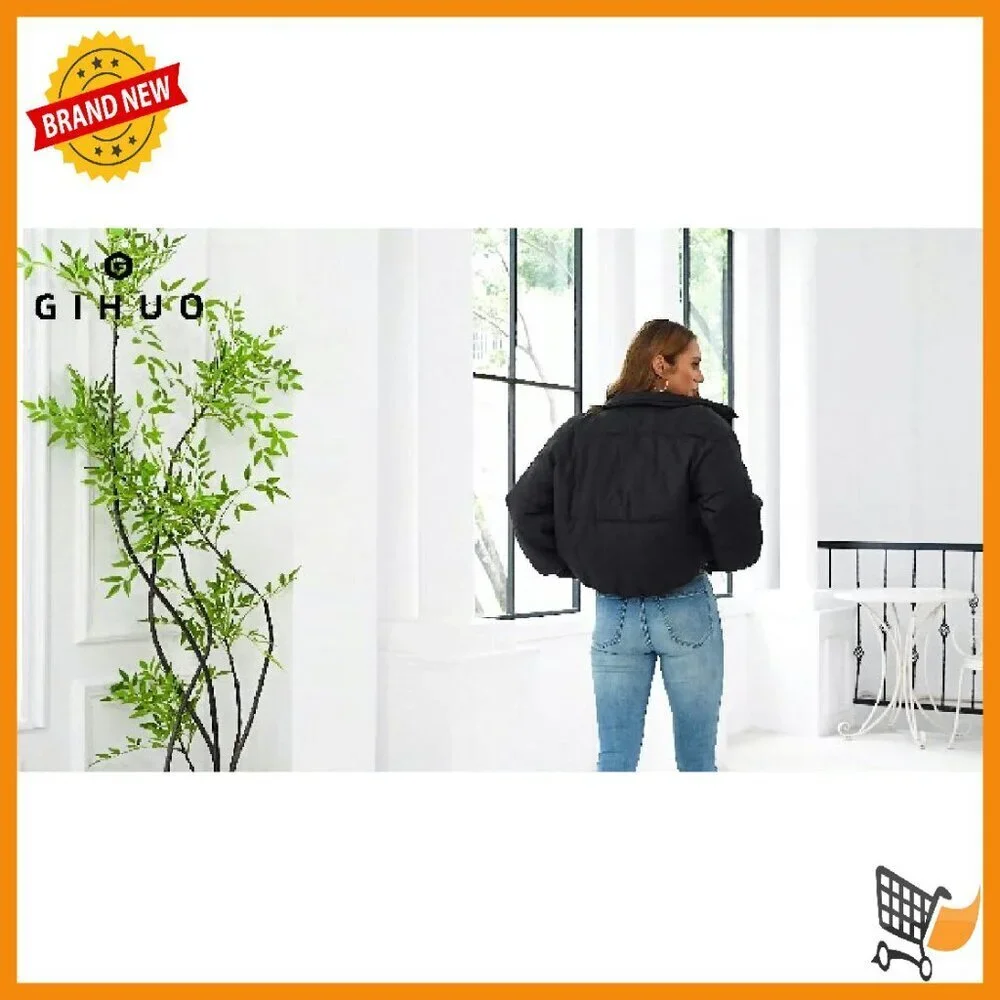 Women's Cropped Puffer Jacket Quilted Winter Coat Stand Collar Zippered Pockets
